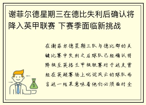 谢菲尔德星期三在德比失利后确认将降入英甲联赛 下赛季面临新挑战 谢菲尔德星期三在德比失利后确认将降入英甲联赛 下赛季面临新挑战